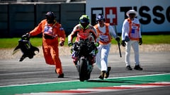 Apr 12, 2024; Austin, TX, USA; Joan Mir (36) of Spain and Repsol Honda Team is assisted with starting his motorcycle after he crashes during practice for the MotoGP Grand Prix of the Americas at Circuit of The Americas. Mandatory Credit: Jerome Miron-USA TODAY Sports