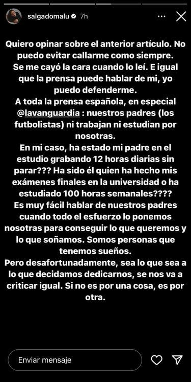 Malu, hija de Míchel Salgado, se harta de las críticas por ser hija de futbolista: “No puedo evitar callarme”