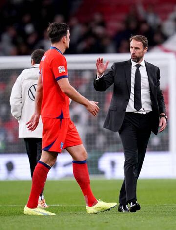 England manager Gareth Southgate (right) with Harry Maguire at the end of the UEFA Nations League match at Wembley Stadium, London. 