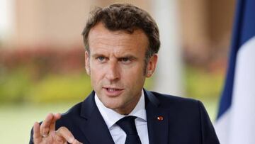 France's President Emmanuel Macron addresses a joint press conference with his Beninese counterpart at the Marina palace in Cotonou on July 27, 2022, as part of his official visit in Benin. (Photo by Ludovic MARIN / AFP) (Photo by LUDOVIC MARIN/AFP via Getty Images)