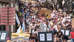 Decenas de personas protestan durante una manifestación contra el modelo turístico, a 20 de abril de 2024, en Puerto del Rosario, Fuerteventura, Canarias (España). Las ocho islas canarias se unen hoy para protestar contra la masificación turística. Esta es la primera manifestación conjunta de la historia en todo el archipiélago, está convocada por veinte asociaciones bajo el lema ‘Canarias tiene un límite’. Los manifestantes reclaman una ecotasa, una moratoria turística y una mejor redistribución de los ingresos. Además de en Canarias, la organización ha convocado protestas en otras ciudades españolas y europeas como Granada, Barcelona, Madrid, Berlín y Londres.
20 ABRIL 2024;MANIFESTACIÓN;ISLAS;CANARIAS;ARCHIPIÉLAGO;TURISMO;MODELO;PROTESTA
Europa Press Canarias
20/04/2024