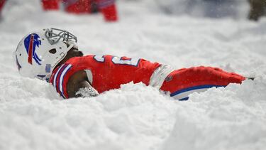 Dec 10, 2017; Orchard Park, NY, USA; Buffalo Bills defensive back Shamarko Thomas (29) celebrates in the snow following his teams overtime win against the Indianapolis Colts at New Era Field. Mandatory Credit: Rich Barnes-USA TODAY Sports