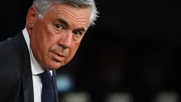 Real Madrid&#039;s Italian coach Carlo Ancelotti is pictured before the Spanish League football match between Real Madrid CF and RC Celta de Vigo at the Santiago Bernabeu stadium in Madrid on September 12, 2021. (Photo by GABRIEL BOUYS / AFP)