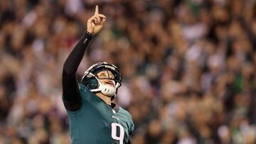 PHILADELPHIA, PA - JANUARY 21: Nick Foles #9 of the Philadelphia Eagles celebrates his fourth quarter touchdown pass against the Minnesota Vikings in the NFC Championship game at Lincoln Financial Field on January 21, 2018 in Philadelphia, Pennsylvania.