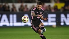 Lionel Messi #10 of Inter Miami takes a free kick during the second half of a game against the Los Angeles Galaxy