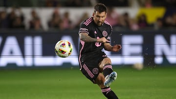 Lionel Messi #10 of Inter Miami takes a free kick during the second half of a game against the Los Angeles Galaxy