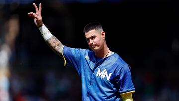 Jose Miranda #64 of the Minnesota Twins acknowledges fans after his at-bat against the Houston Astros in the sixth inning. Miranda tied an MLB record by recording a hit in 12 consecutive at-bats at Target Field on July 06, 2024, in Minneapolis, Minnesota.