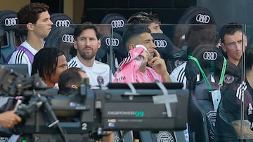 Inter Miami CF's Argentine forward Lionel Messi #10 looks on from the bench in the second half at the MLS match between Inter Miami CF and Charlotte FC at Chase Stadium in Fort Lauderdale, Florida, on March 9, 2025. (Photo by Chris Arjoon / AFP)