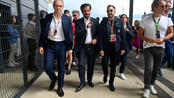 NORTHAMPTON, ENGLAND - JULY 03: Stefano Domenicali, CEO of the Formula One Group, Mohammed ben Sulayem, FIA President, and Dynamo talk prior to the F1 Grand Prix of Great Britain at Silverstone on July 03, 2022 in Northampton, England. (Photo by Dan Mullan - Formula 1/Formula 1 via Getty Images)