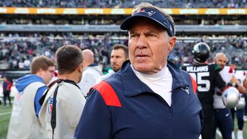 EAST RUTHERFORD, NEW JERSEY - OCTOBER 30: Head coach Bill Belichick of the New England Patriots reacts after a game against the New York Jets at MetLife Stadium on October 30, 2022 in East Rutherford, New Jersey.   Elsa/Getty Images/AFP