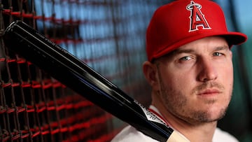 TEMPE, ARIZONA - FEBRUARY 21: Mike Trout #27 of the Los Angeles Angels poses for a portrait during photo day at Tempe Diablo Stadium on February 21, 2024 in Tempe, Arizona.   Steph Chambers/Getty Images/AFP (Photo by Steph Chambers / GETTY IMAGES NORTH AMERICA / Getty Images via AFP)