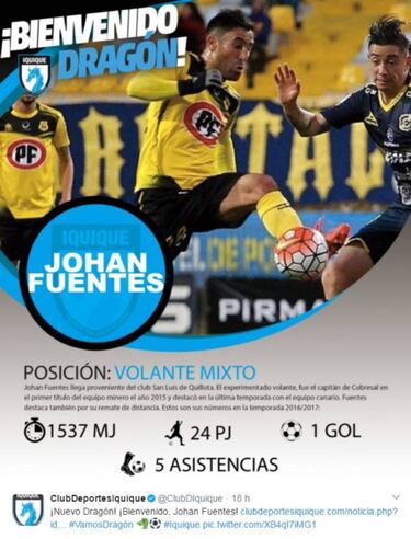 Iquique ficha al experimentado volante Johan Fuentes