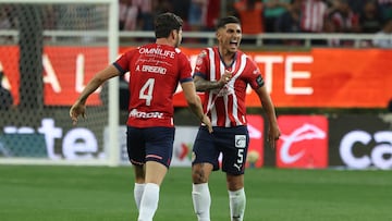 Victor Guzman celebrates his goal 1-1 with Antonio Briseno of Guadalajara  during the game Guadalajara vs Cruz Azul, corresponding to Round 16 of the Torneo Clausura 2023 of the Liga BBVA MX, at Akron Stadium, on April 22, 2023.

<br><br>

Victor Guzman celebra su gol 1-1 con Antonio Briseno de Guadalajara durante el partido Guadalajara vs Cruz Azul, Correspondiente a la Jornada 16 del Torneo Clausura 2023 de la Liga BBVA MX, en el Estadio Akron, el 22 de Abril de 2023.