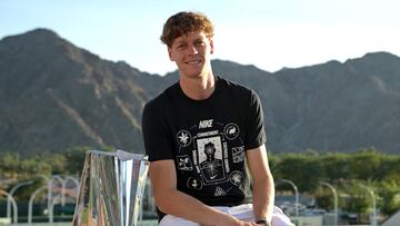 Mar 15, 2026; Indian Wells, CA, USA; Jannik Sinner (ITA) with the championship trophy after he defeated Daniil Medvedev (RUS) in the menÕs final of the BNP Paribas Open at the Indian Wells Tennis Garden. Mandatory Credit: Jayne Kamin-Oncea-Imagn Images