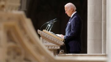 U.S. President Joe Biden speaks during a memorial service for former Defense Secretary Ash Carter at Washington National Cathedral in Washington, U.S. January 12, 2023. REUTERS/Jonathan Ernst