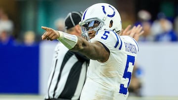 INDIANAPOLIS, INDIANA - DECEMBER 22: Anthony Richardson #5 of the Indianapolis Colts reacts after a first down against the Tennessee Titans during the fourth quarter at Lucas Oil Stadium on December 22, 2024 in Indianapolis, Indiana. The Colts won 38-30. Justin Casterline/Getty Images/AFP (Photo by Justin Casterline / GETTY IMAGES NORTH AMERICA / Getty Images via AFP)
