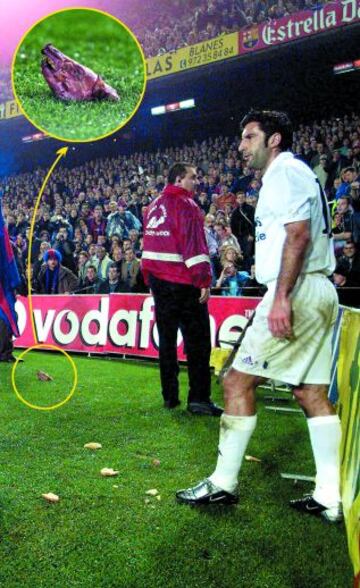 23-11-2002. Cuando Luis Figo se disponía a sacar un córner, cayeron multitud de objetos, incluida la cabeza de un cochinillo, y el partido estuvo parado unos minutos. Competición cerró por dos partidos el Camp Nou, sanción que nunca se cumplió.