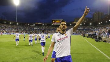 Borja Iglesias celebra uno de los tres tantos que anotó con el Real Zaragoza ante el Valladolid.