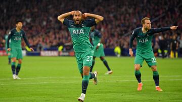 AMSTERDAM, NETHERLANDS - MAY 08: Lucas Moura of Tottenham Hotspur celebrates after scoring his team's second goal during the UEFA Champions League Semi Final second leg match between Ajax and Tottenham Hotspur at the Johan Cruyff Arena on May 08, 201