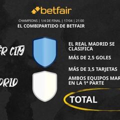 Manchester City vs. Real Madrid: Combipartido de Betfair a cuota 19.7