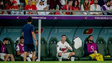 AL RAYYAN, QATAR - DECEMBER 02: Cristiano Ronaldo of Portugal reacts during the FIFA World Cup Qatar 2022 Group H match between Korea Republic and Portugal at Education City Stadium on December 02, 2022 in Al Rayyan, Qatar. (Photo by Marvin Ibo Guengoer - GES Sportfoto/Getty Images)