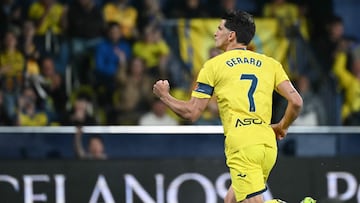 Villarreal's Spanish forward #07 Gerard celebrates after scoring the opening goal from the penalty spot during the Spanish league football match between Villarreal CF and RC Celta de Vigo at La Ceramica Stadium in Vila-real on April 26, 2026. (Photo by JOSE JORDAN / AFP)