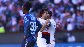 Alan Mozo and Issac Brizuela of Guadalajara celebrates Auto goal of Pachuca during the 15th round match between Pachuca and Guadalajara as part of the Torneo Clausura 2024 Liga BBVA MX at Hidalgo Stadium on April 13, 2024 in Pachuca, Hidalgo, Mexico.