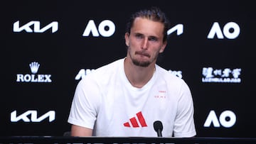 Germany's Alexander Zverev takes part in a press conference after losing to Spain's Carlos Alcaraz in their men's singles semi-final match on day thirteen of the Australian Open tennis tournament in Melbourne on January 30, 2026. (Photo by David GRAY / AFP) / -- IMAGE RESTRICTED TO EDITORIAL USE - STRICTLY NO COMMERCIAL USE --