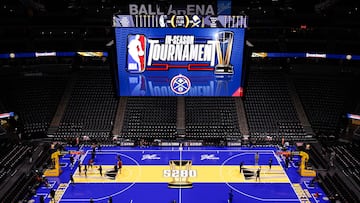 A general view of the court is seen before the game between the Denver Nuggets and the Dallas Mavericks during the NBA In-Season Tournament at Ball Arena