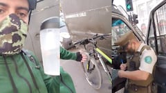 Un carabinero de Chile multando a un ciclista por bajarse la mascarilla para beber agua. 