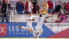 Los Angeles FC forwards Diego Rossi (9) and Latif Blessing (7) celebrate Rossi&#039;s goal against Real Salt Lake during an MLS soccer match at Rio Tinto Stadium in Sandy, Utah, Saturday March 10, 2018. LAFC won 5-1. (Trent Nelson/The Salt Lake Tribune via AP)