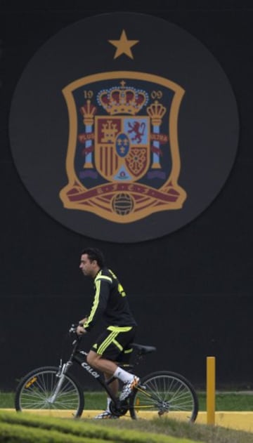 15/06/14 Xavi bajo el escudo de la Selección durante la concentración en Curitiba durante el Mundial de Brasil 2014.