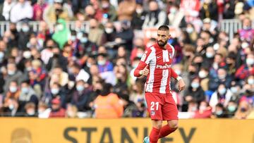 Atletico Madrid's Belgian midfielder Yannick Ferreira-Carrasco celebrates scoring his team's first goal during the Spanish league football match between FC Barcelona and Club Atletico de Madrid at the Camp Nou stadium in Barcelona on February 6, 2022. (Photo by Josep LAGO / AFP)