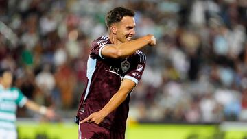 Jul 31, 2025; Commerce City, Colorado, USA; Colorado Rapids midfielder Cole Bassett (23) reacts in the first half against Santos Laguna at Dick's Sporting Goods Park. Mandatory Credit: Ron Chenoy-Imagn Images