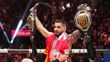 LAS VEGAS, NEVADA - JUNE 28: Ilia Topuria of Spain reacts to his win over Charles Oliveira of Brazil in the UFC lightweight championship bout during the UFC 317 event at T-Mobile Arena on June 28, 2025 in Las Vegas, Nevada. (Photo by Chris Unger/Zuffa LLC)