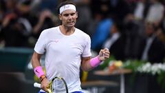 Spain&#039;s Rafael Nadal reacts after winning a point against France&#039;s Adrian Mannarino during their men&#039;s singles tennis match on day three of the ATP World Tour Masters 1000 - Rolex Paris Masters - indoor tennis tournament at The AccorHotels Arena in Paris on October 30, 2019. (Photo by Christophe ARCHAMBAULT / AFP)