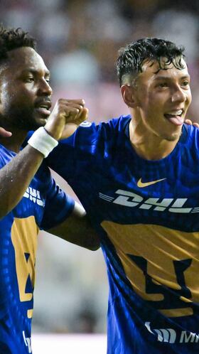 Jorge Ruvalcaba celebrates his goal 0-1 with Avaro Angulo of Pumas during the match between  Inter Miami and Pumas UNAM as part of Phase One of the Leagues Cup 2025 at Chase Stadium on August 06, 2024 in Miami, Florida, United States.