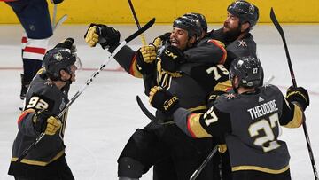 LAS VEGAS, NV - MAY 28: Tomas Nosek #92, Ryan Reaves #75, Pierre-Edouard Bellemare #41, Deryk Engelland #5 and Shea Theodore #27 of the Vegas Golden Knights celebrate after Reaves scored a third-period goal against the Washington Capitals during Game One of the 2018 NHL Stanley Cup Final at T-Mobile Arena on May 28, 2018 in Las Vegas, Nevada. The Golden Knights defeated the Capitals 6-4.   Ethan Miller/Getty Images/AFP
 == FOR NEWSPAPERS, INTERNET, TELCOS &amp; TELEVISION USE ONLY ==