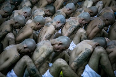 Varios pandilleros esperando a su traslado al Centro de Confinamiento del Terrorismo, la nueva mega cárcel construida en El Salvador.