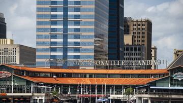 The coast guard patrols the St John&#039;s river outside of the Jacksonville Landing in Jacksonville, Fla., Sunday, Aug. 26, 2018. Florida authorities are reporting multiple fatalities after a mass shooting at the riverfront mall in Jacksonville that was hosting a video game tournament. (AP Photo/Laura Heald)