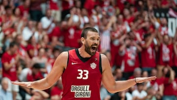 Girona, 19/06/2022. El pivot del Girona, Marc Gasol, durante la Final Playoff LEB Oro que disputan hoy domingo frente a Movistar Estudiantes en pabellón Girona Fontajau. EFE / David Borrat.
