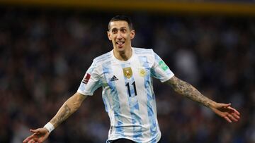 Soccer Football - World Cup - South American Qualifiers - Argentina v Venezuela - Estadio La Bombonera, Buenos Aires, Argentina - March 25, 2022 Argentina's Angel Di Maria celebrates scoring their second goal REUTERS/Agustin Marcarian