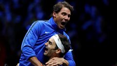 Tennis - Laver Cup - 3rd Day - Prague, Czech Republic - September 24, 2017 - Roger Federer and Rafael Nadal of team Europe celebrate after winning the match.   REUTERS/David W Cerny