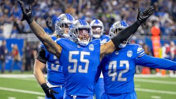 Jan 21, 2024; Detroit, Michigan, USA; Detroit Lions linebacker Derrick Barnes (55) celebrates after making an interception against the Tampa Bay Buccaneers during the second half in a 2024 NFC divisional round game at Ford Field. Mandatory Credit: Lon Horwedel-USA TODAY Sports