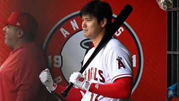 ANAHEIM, CA - APRIL 08: Shohei Ohtani #17 of the Los Angeles Angels prepares to bat in the first inning of the game against the Toronto Blue Jays at Angel Stadium of Anaheim on April 8, 2023 in Anaheim, California.   John McCoy/Getty Images/AFP (Photo by John MCCOY / GETTY IMAGES NORTH AMERICA / Getty Images via AFP)