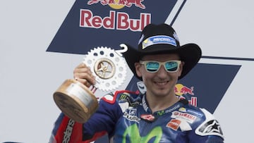 Jorge Lorenzo celebrates second place at the U.S. Grand Prix. 