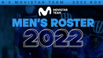 Cartel con los nombres de los 29 ciclistas que correr&aacute;n en el equipo masculino del Movistar en 2022.