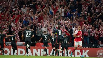 COPENHAGEN, DENMARK - JUNE 10: Mario Paalic of Croatia celebrates after scoring his team's first goal with teammates during the UEFA Nations League League A Group 1 match between Denmark and Croatia at Parken Stadium on June 10, 2022 in Copenhagen, Denmark. (Photo by Gaston Szerman/DeFodi Images via Getty Images)