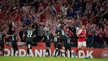 COPENHAGEN, DENMARK - JUNE 10: Mario Paalic of Croatia celebrates after scoring his team's first goal with teammates during the UEFA Nations League League A Group 1 match between Denmark and Croatia at Parken Stadium on June 10, 2022 in Copenhagen, Denmark. (Photo by Gaston Szerman/DeFodi Images via Getty Images)