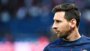 Paris Saint-Germain's Argentinian forward Lionel Messi looks on ahead of the French L1 football match between Paris-Saint Germain (PSG) and Lens (RCL) at The Parc des Princes Stadium in Paris on April 23, 2022. (Photo by Alain JOCARD / AFP)